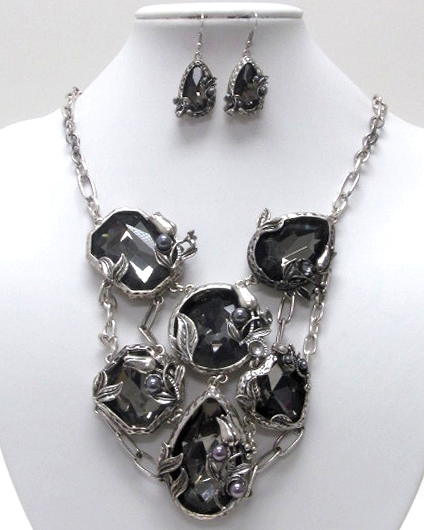 Luxury six mixed shape crystal stone cascade drop bib necklace earring set