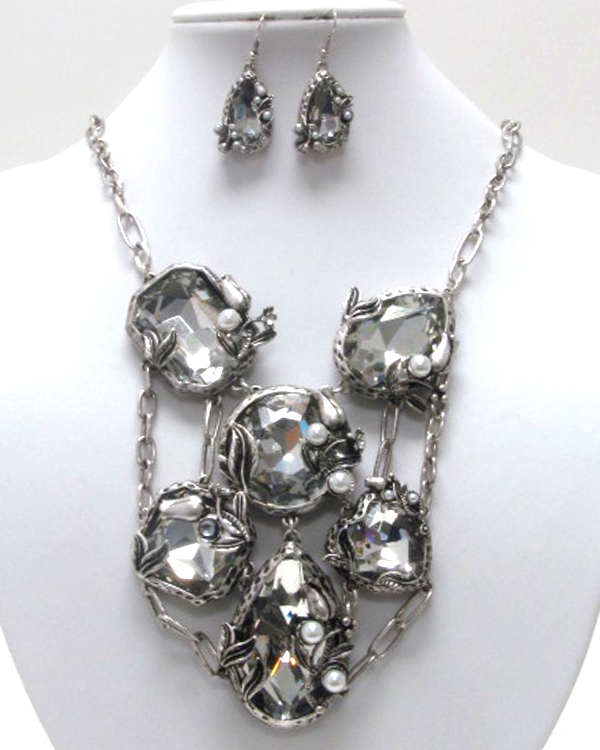 Luxury six mixed shape crystal stone cascade drop bib necklace earring set