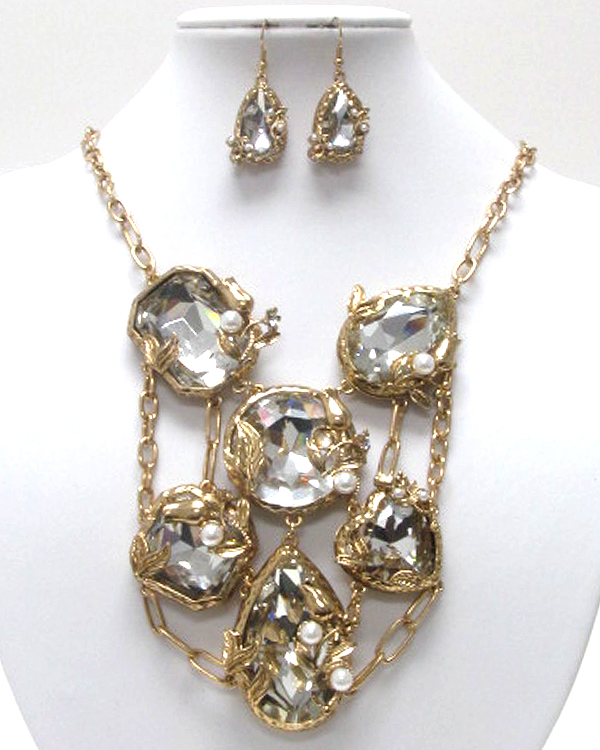 Luxury six mixed shape crystal stone cascade drop bib necklace earring set