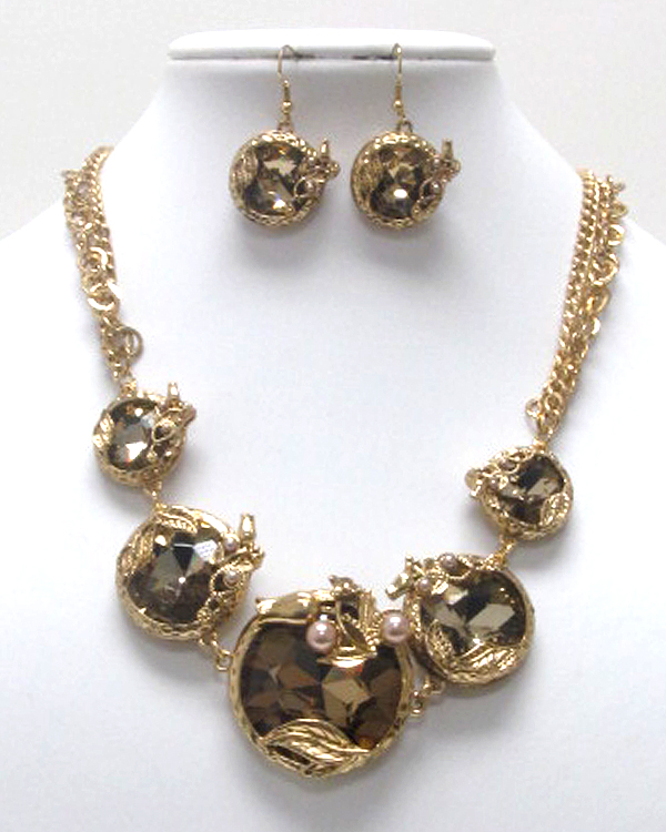 Luxury five round shape crystal stone link necklace earring set