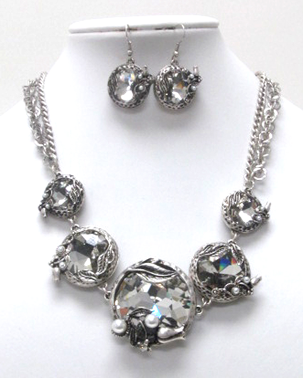 Luxury five round shape crystal stone link necklace earring set