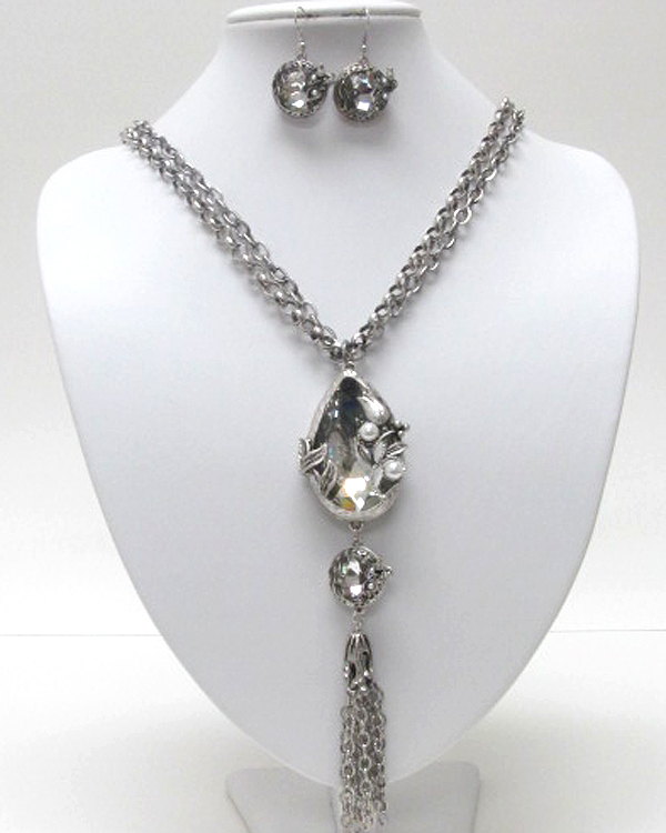 Luxury dual crystal stone dangle and long tassel drop necklace earring set