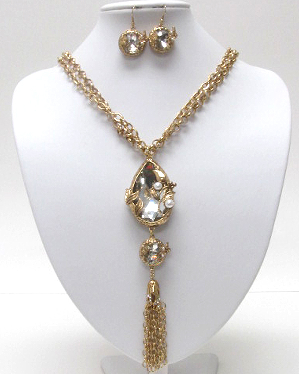 Luxury dual crystal stone dangle and long tassel drop necklace earring set