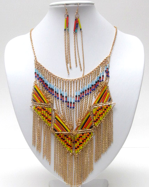 Ethnic style multi metal chain and beads bib necklace earring set