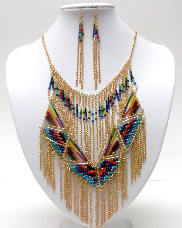 Ethnic style multi metal chain and beads bib necklace earring set