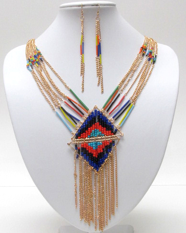 Ethnic style multi metal chain and beads y drop necklace earring set