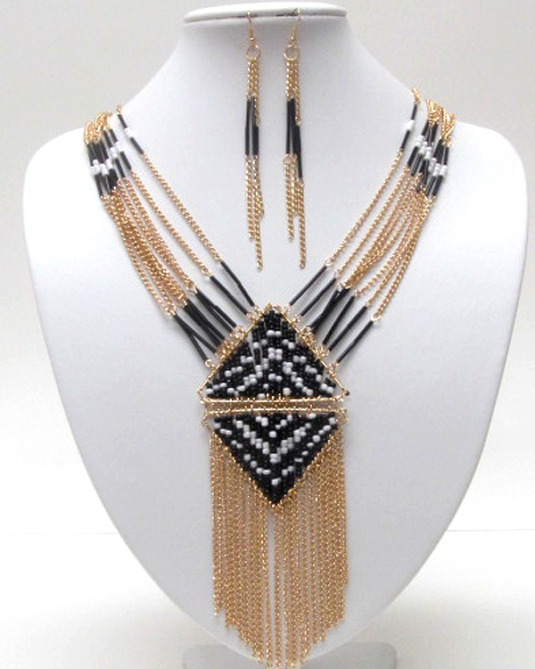 Ethnic style multi metal chain and beads y drop necklace earring set