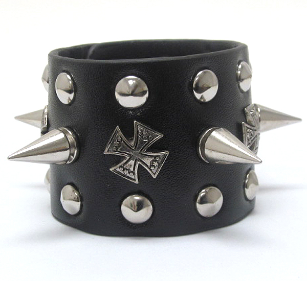 Metal stu and spike leather wrist band