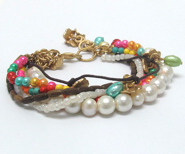 Natural pearl and turquoise and mixed stone beads link bracelet