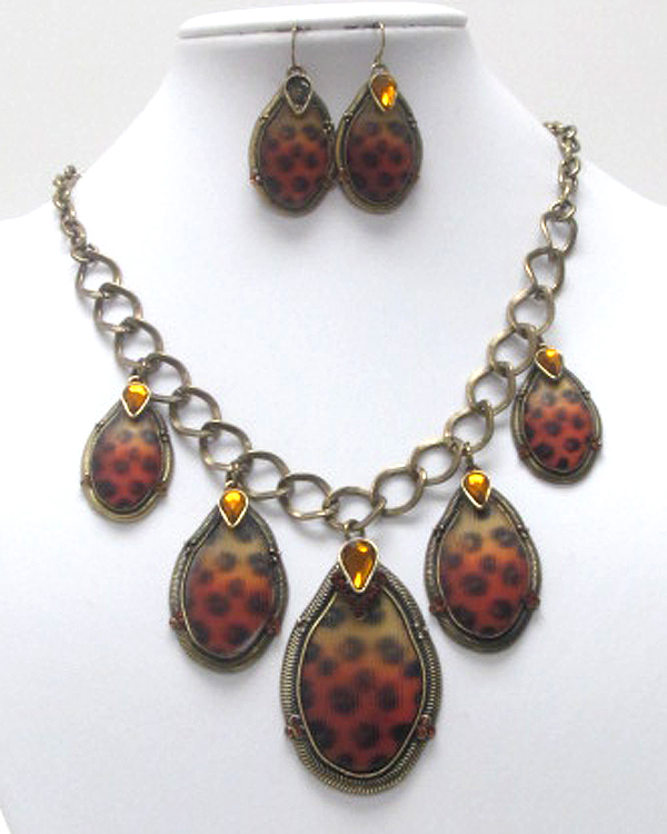 Animal skin pattern oval disks dangle necklace earring set