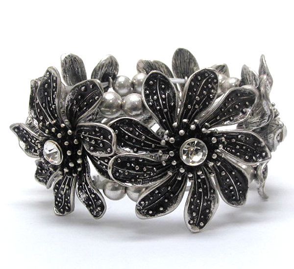 Crystal stud metal flower link stretch bracelet