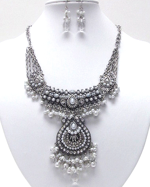 Extra detail pearl and crystal luxury degisn half choker necklace earring set