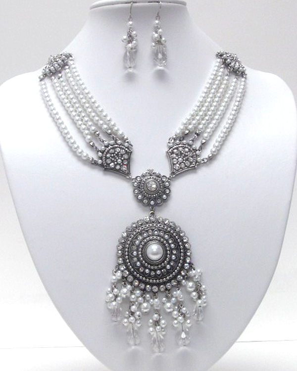 Extra detail pearl and crystal luxury degisn multi row chain necklace earring set