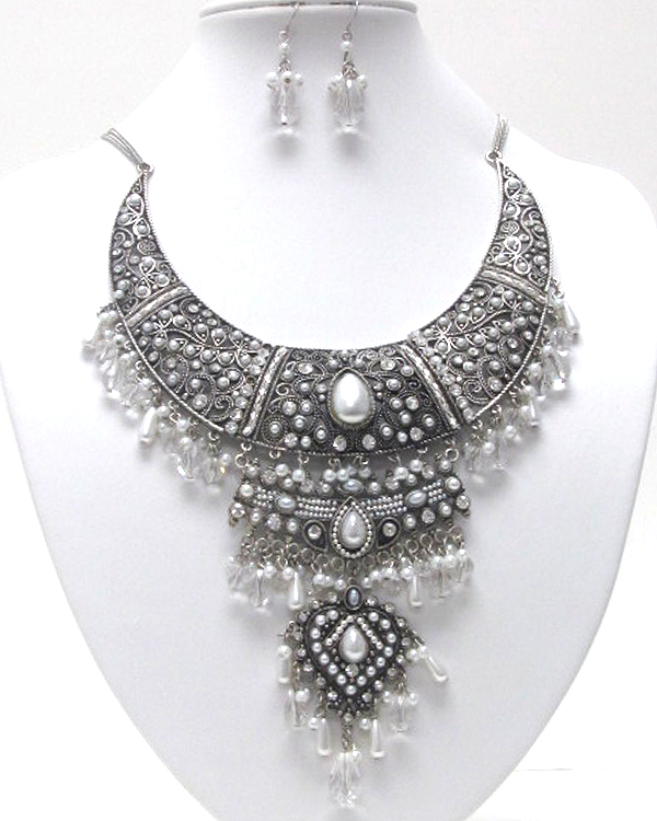 Extra detail pearl and crystal luxury degisn choker necklace earring set