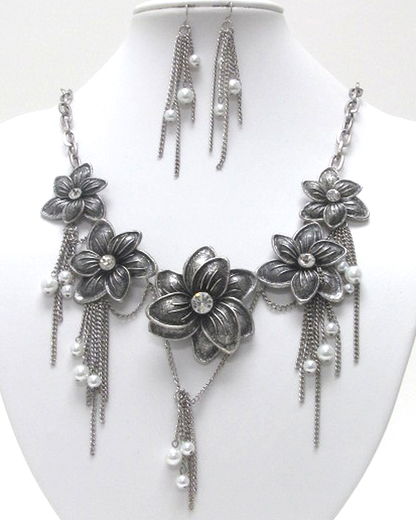 Crystal stud metal flowers link pearl dangle necklace earring set