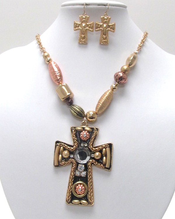 Handcraft acryl art metal cross pendant necklace earring set