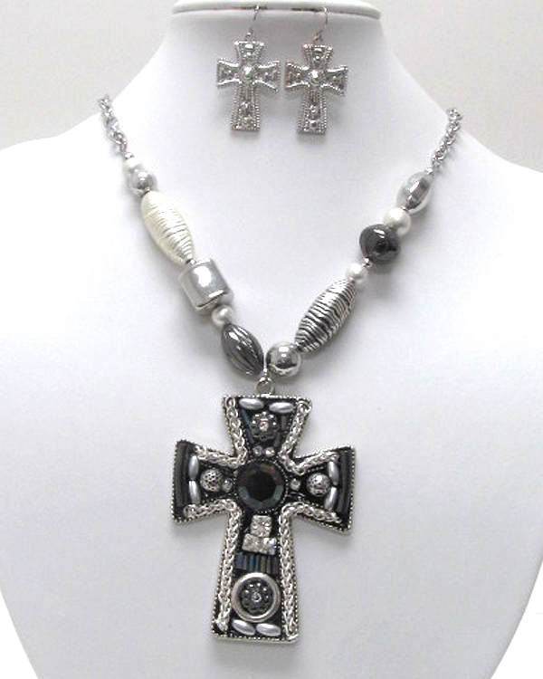 Handcraft acryl art metal cross pendant necklace earring set