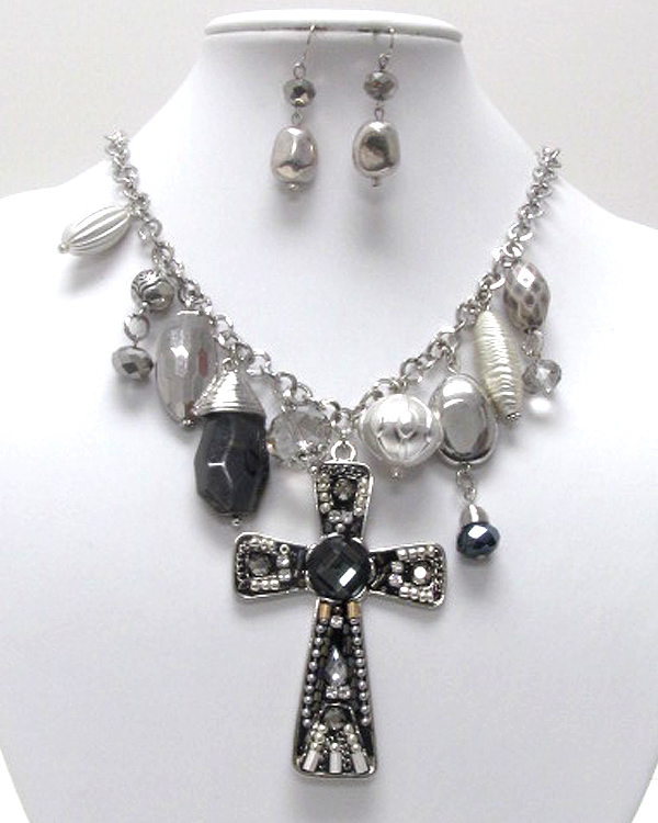 Handcraft acryl art metal cross pendant necklace earring set