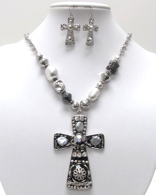 Handcraft acryl art metal cross pendant necklace earring set