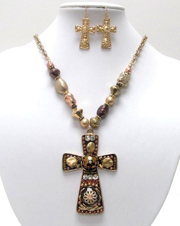 Handcraft acryl art metal cross pendant necklace earring set