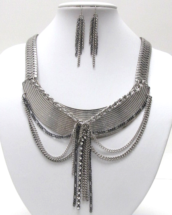 Tassel wrap metal half choker and premium metal chain necklace earring set