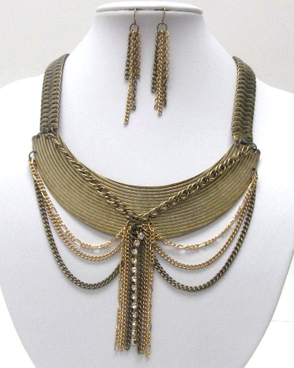 Tassel wrap metal half choker and premium metal chain necklace earring set