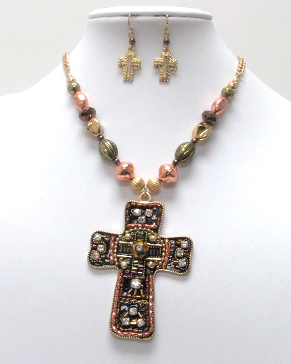 Handcraft acryl art metal cross pendant necklace earring set