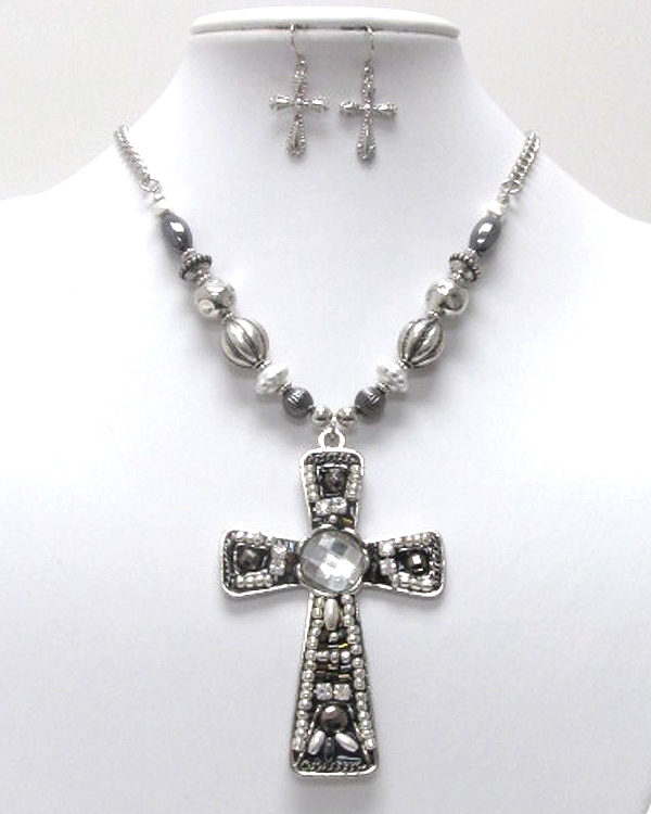 Handcraft acryl art metal cross pendant necklace earring set