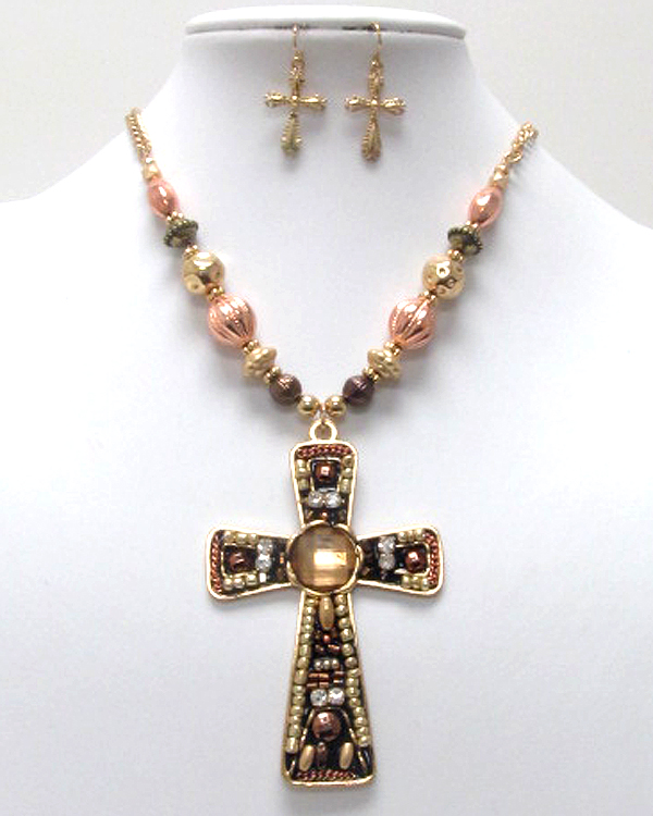 Handcraft acryl art metal cross pendant necklace earring set