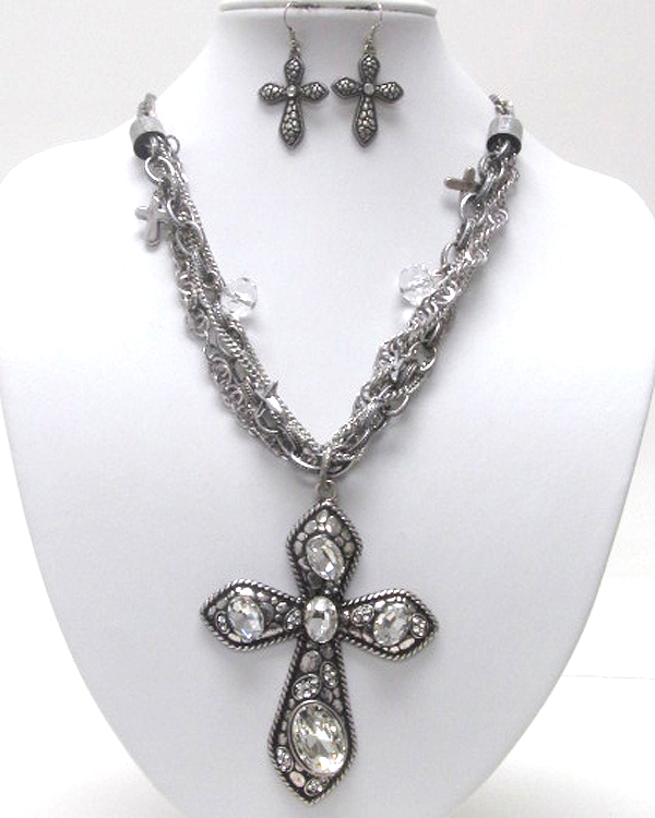 Sole luxury crystal cross charm dangle premium chain necklace earring set