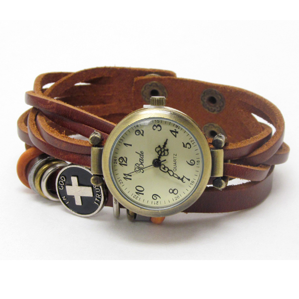 Vintage style genuine leather band cross charm watch - diesel inspired