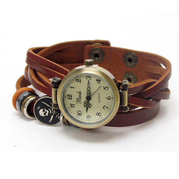 Vintage style genuine leather band skull charm watch - diesel inspired