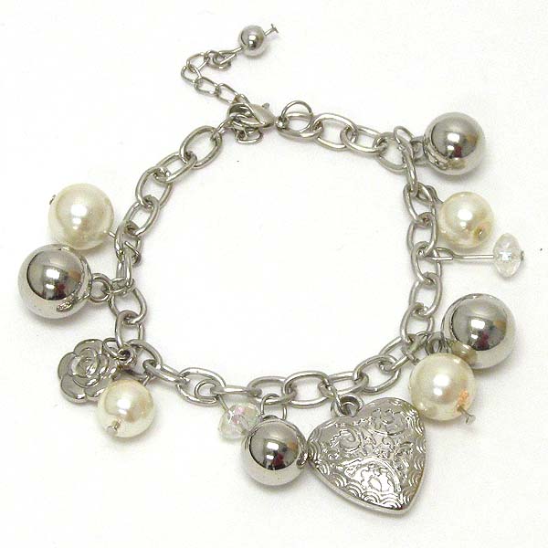 Textured puffy heart and pearl and metal ball dangle bracelet