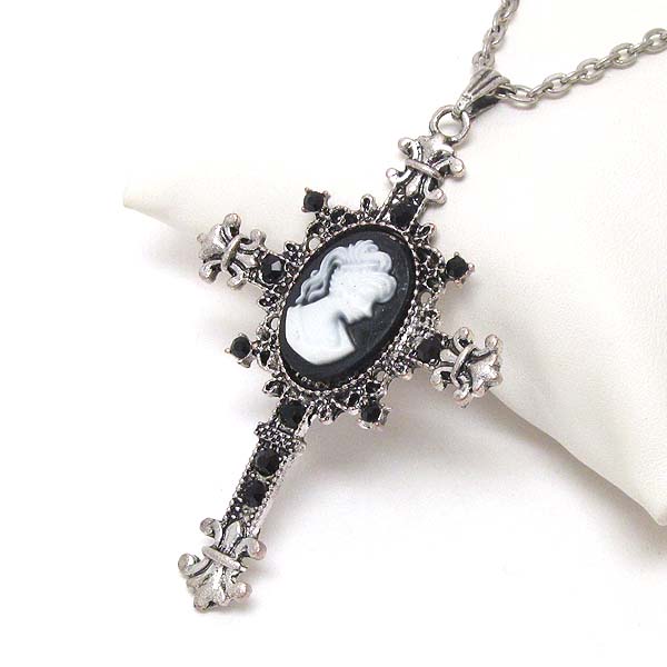 Crystal and cameo center deco cross necklace