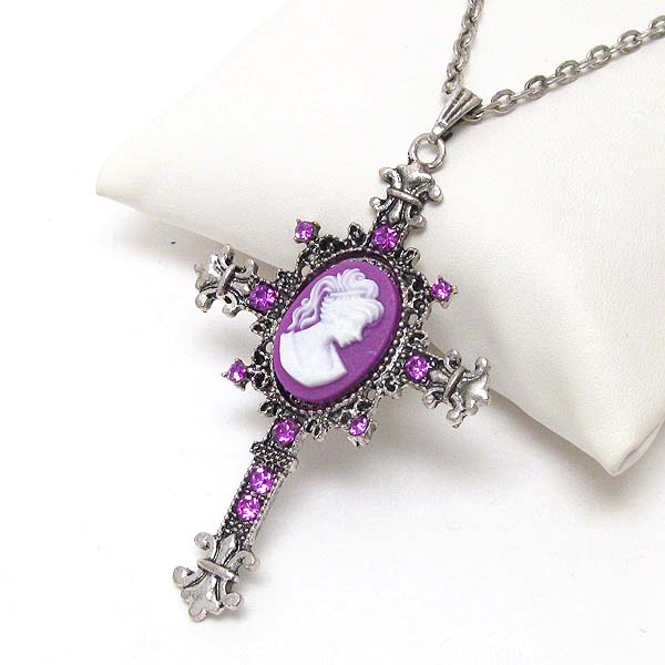 Crystal and cameo center deco cross necklace