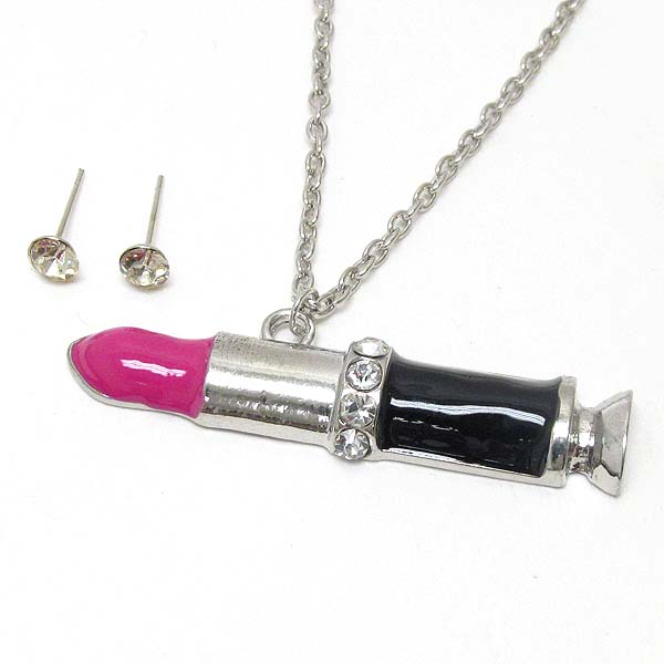 Crystal and epoxy lipstick necklace earring set