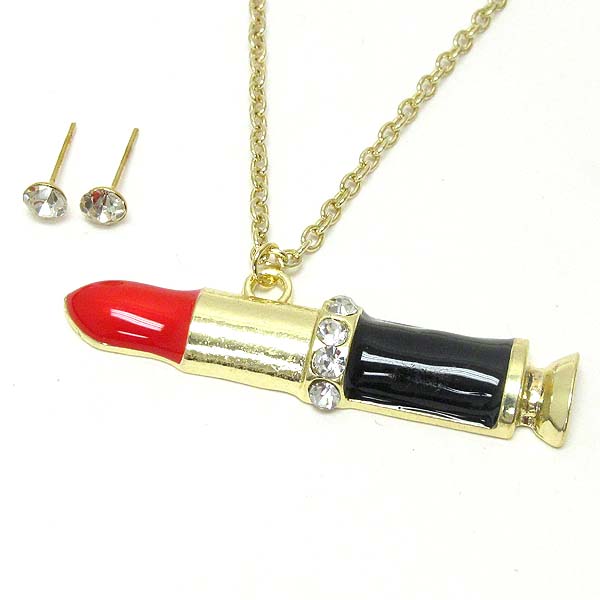 Crystal and epoxy lipstick necklace earring set