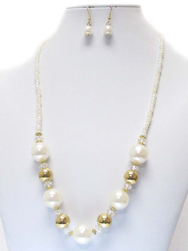 Pearl and metal ball mix necklace earring set