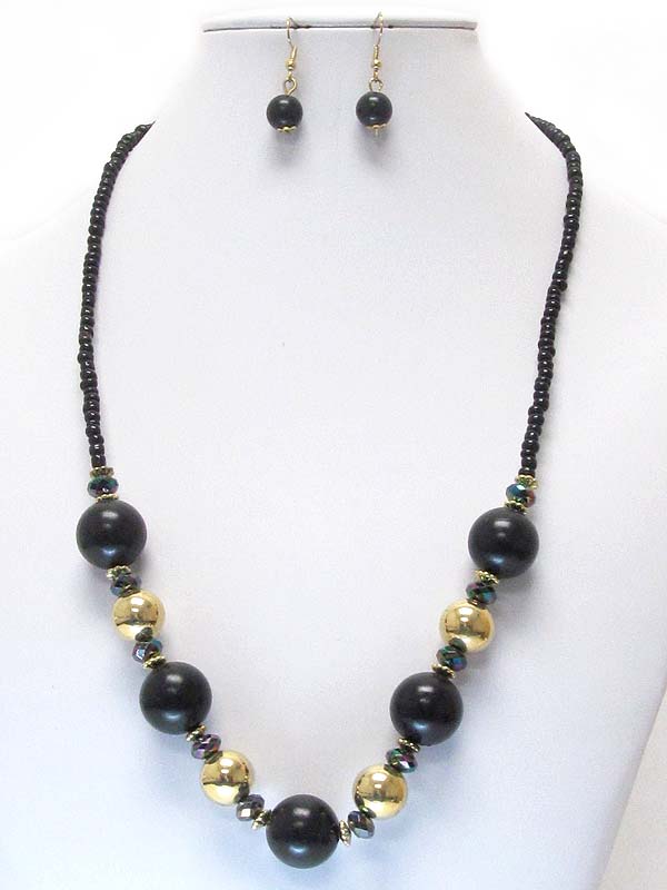 Pearl and metal ball mix necklace earring set