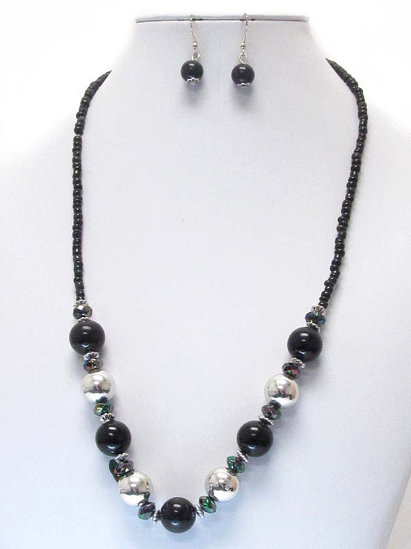 Pearl and metal ball mix necklace earring set