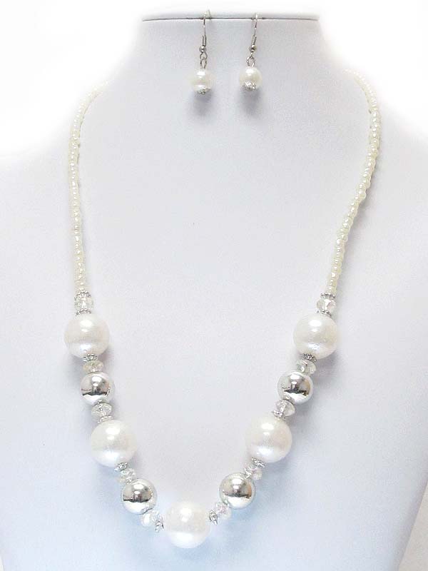 Pearl and metal ball mix necklace earring set