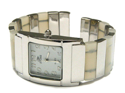 Natural stone stick and metal band cuff bangle watch