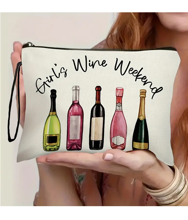 Wine bottle print cosmetic makeup bag