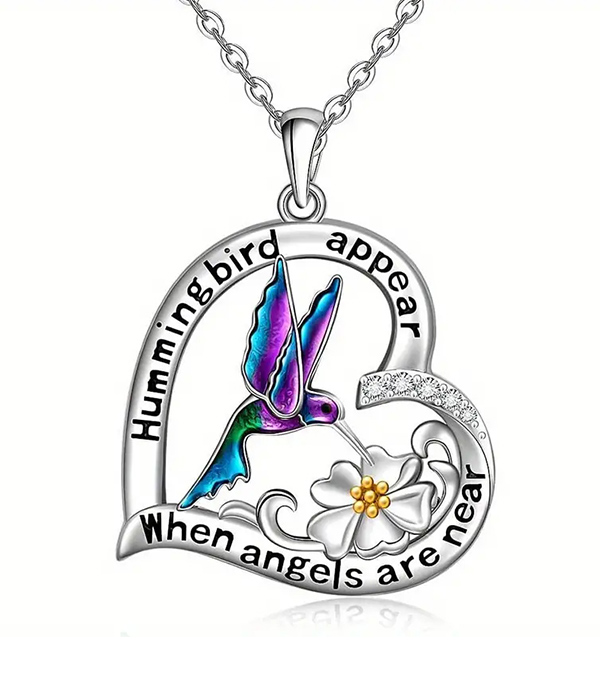 Humming bird and heart pendant necklace