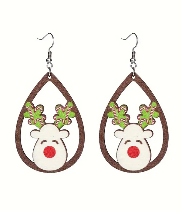 Christmas theme reindeer wood teardrop earring