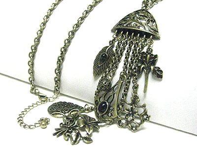 Vintage style burnish metal multi flower and leaves charm hanging drop long necklace