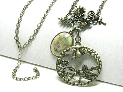 Vintage style burnish metal flower and birds charm drop long necklace