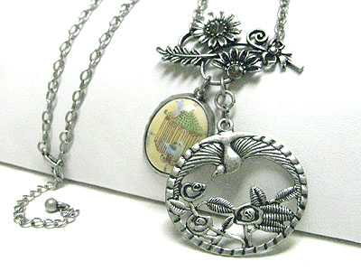 Vintage style burnish metal flower and birds charm drop long necklace