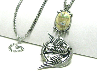 Vintage style burnish metal birds charm drop long necklace