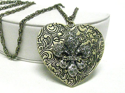 Crystal fleur de lis on filigree metal heart pendant long neckalce